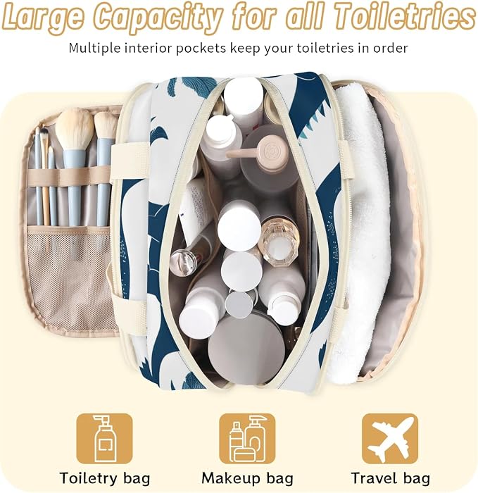 Cute Dinosaur Silhouette Travel Toiletry Bag with Handle | Wet & Dry Separation, Full-Size Bottle Friendly, Leak-Proof, Waterproof, Easy to Clean, for Travel, Gym, Home
