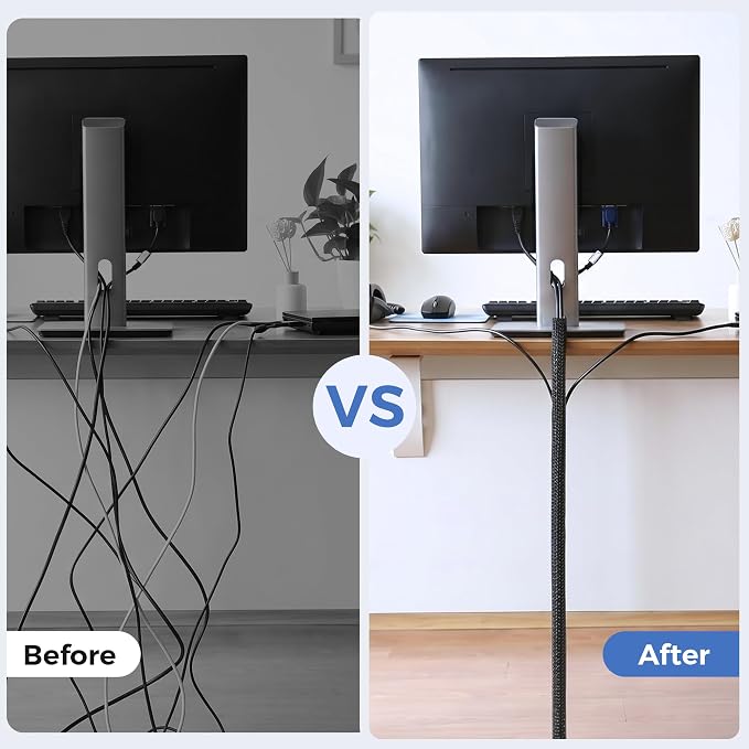 Delamu 10ft - 1/2 inch Cable Sleeve Cord Protector from Pets No Chew, Split-Braided PVC Wire Loom Tubing for Desk Computer USB TV Cord Organizer, Easy Set-up Cable Management Sleeve Kit, Black