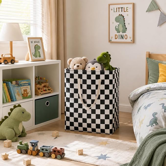MAIZMZ 3 Pack Checkerboard Storage Basket for Boys Room, 14.6"x12.6"x19.7" Waterproof Linen Laundry Baskets with Handles Racing Room Decor, Gifts