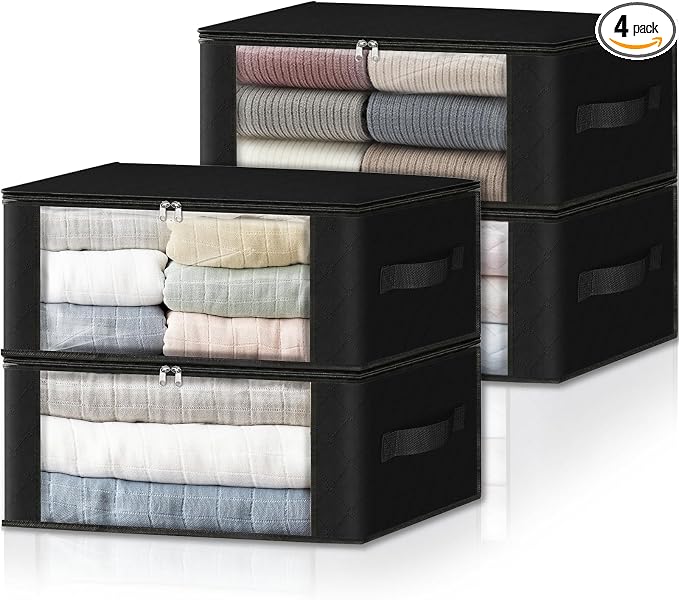 HomeHacks 4-Pack Clothes Organizer Storage Bags, 35L Storage Bins, Black | Foldable Storage Box Container with Zippers, Clear Window, Reinforced Handles for Closet, Dorm, Pillows, Bedding, Sweater
