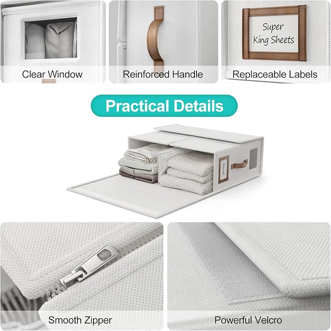 6 Pack Foldable Bed Sheets Set Organizers and Storage(Cal King Size),Linen Fabric Closet Organizers with Window,Folding Bedding Storage Box for Bedsheets and Pillow Cube Organizer-White