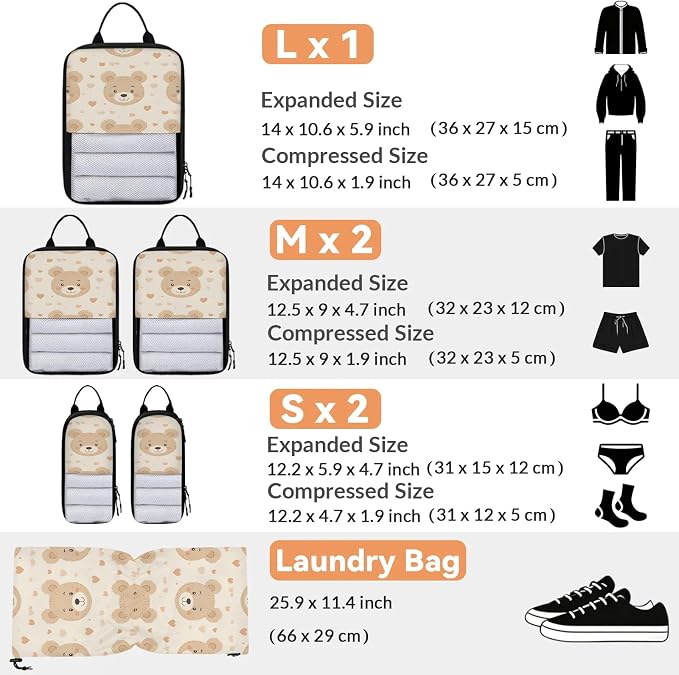 Bear Compression Packing Cubes Cute Bear 6 Set Travel Packing Cubes for Suitcases Lightweight Expandable Organizers