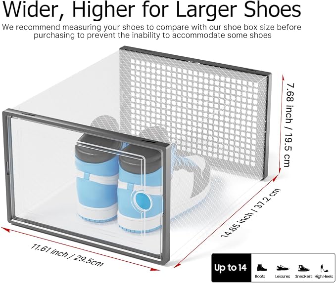 Kuject XXX-Large Shoe Storage Boxes 12 Pack, Clear Stackable Shoe Organizer | Shoe Case for Closet, Entryway & Under-Bed Storage, Drop-Front Design, Space-Saving Solution for Family Organization,Black