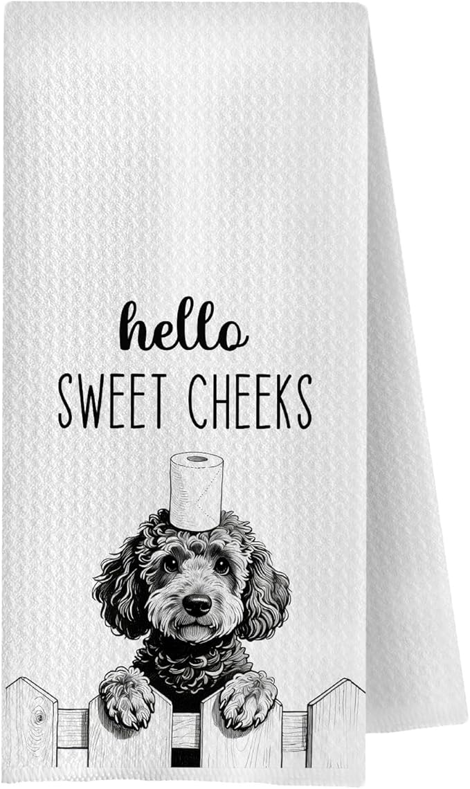 Farmhouse Funny Poodle Dog Hand Towels, Hello Sweet Cheeks Bathroom Decor, Gifts for Poodle Lovers Decorative Hand Towels for Bathroom Washroom Restroom, 16x24 Inch