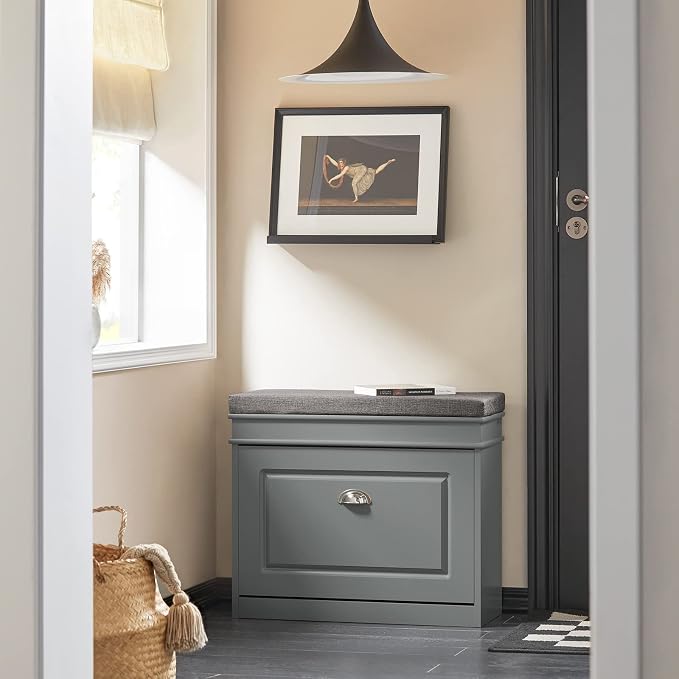 Haotian Grey Hallway Shoe Bench, Narrow Shoe Rack with Adjustable Shelf, Small Shoe Cabinet with 1 Flip-Drawer and Seat Cushion, FSR82-K-HG