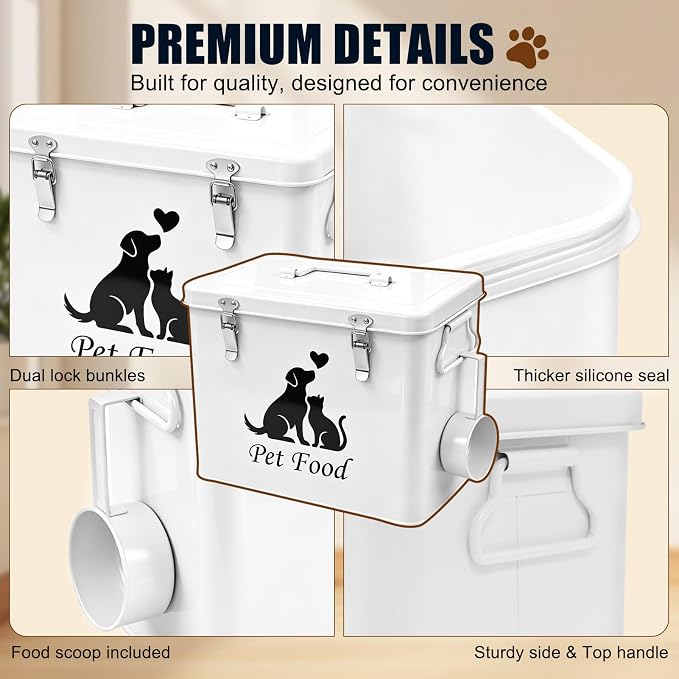 Vivifying Airtight Metal Dog Food Storage Container with Scoop, Up to 13 lb | Sealing Ring and Double Locks Keep Dog Treats, Cat Treats, Cookies and Dry Pet Food Fresh, Secure and Organized, White