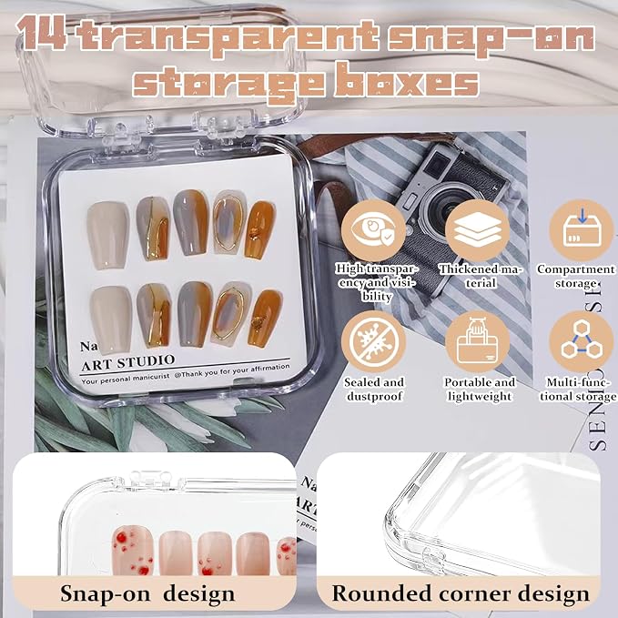 Press on nail storage 14 PCS Acrylic Nail Storage Box - Portable Versatile Organizer for Press - On Nails, Jewelry and More with 60 Pcs Adhesive Double Sided Tape