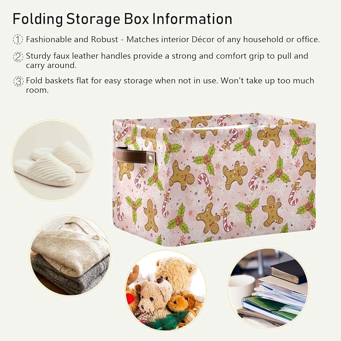 Christmas Gingerbread Man Pink Storage Basket Fabric Kitchen Baskets Candy Cane Poinsettia Winter Open Home Storage Bins Boxes Foldable Organizer Bag for Xmas Decorations Baskets 16×12×8 Inches 2 Pack