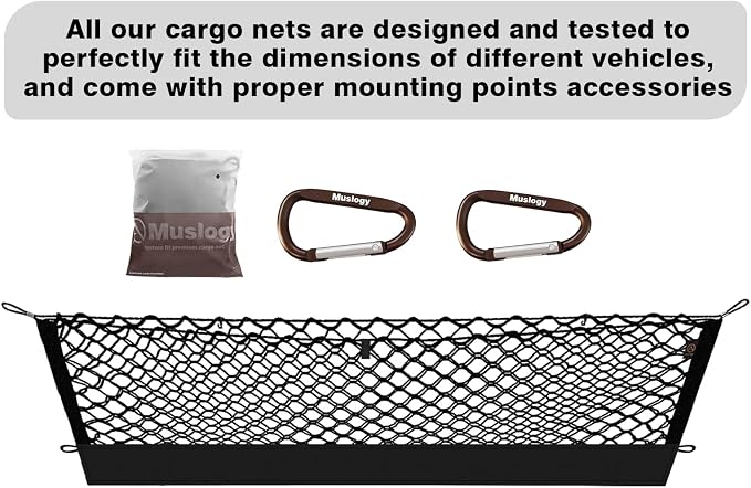 Muslogy Cargo Net for 2018-2024 Chevy Equinox & GMC Terrain Accessories | Custom Fit, Trunk Storage Organizer Net for SUV Sedan Van Divider, with Heavy Duty Carabiners, Night Visible Grab Handle