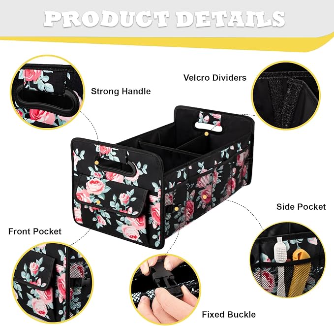 Car Trunk Organizer, Collapsible Car Organizers and Storage Black Floral | Sturdy, Large Capacity, Clean Decor, Multi Compartment Container Box, Adjustable Car Accessories for SUV Sedan Truck
