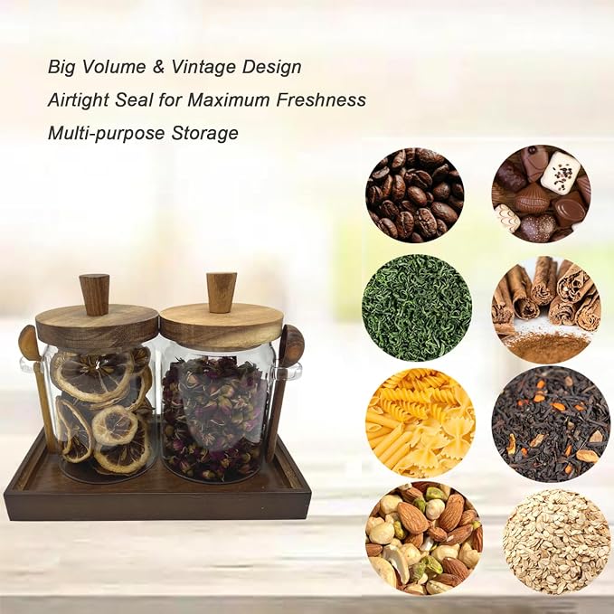 Glass Jars with Brown Wooden Lids and Scoops 20oz 2Pack with Tray, Airtight Food Storage Containers with Tray for Sugar Coffee Bean Candy Spice