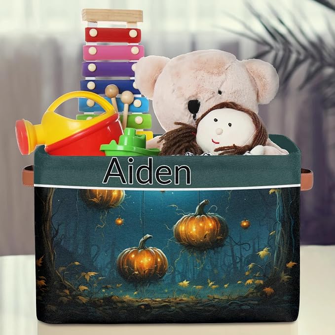 Custom Storage Baskets for Kids with Name, Happy Halloween Pumpkins Night Forest Large Foldable Organizer Collapsible Storage Bin with Leather Handle for Home Toys Closet Nursery