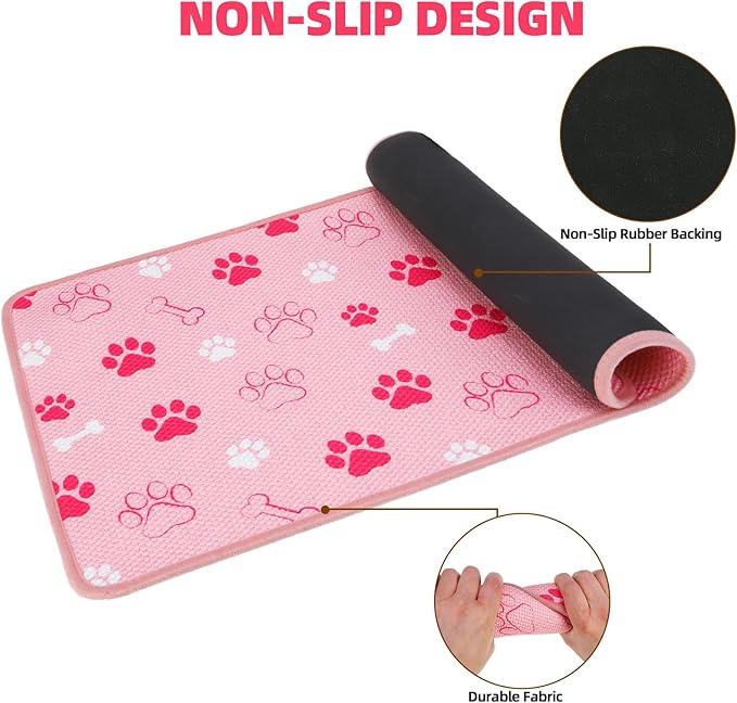 PUPTECK Dog Food Mat, Absorbent Pet Cat Feeding Mat for Food and Water Bowls, Anti-Slip Dog Placemat for Floors Waterproof, Pet Supplies Accessories, Pink S