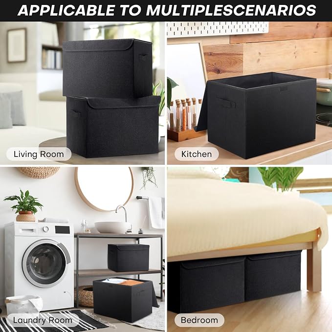 Large 42 Quarts Fabric Storage Bins with Lids [2-Pack] Linen Collapsible Foldable Storage Cubes, Closet Organizer Containers boxes with Handles for Home Office (16.7 x 12 x 12, Black)
