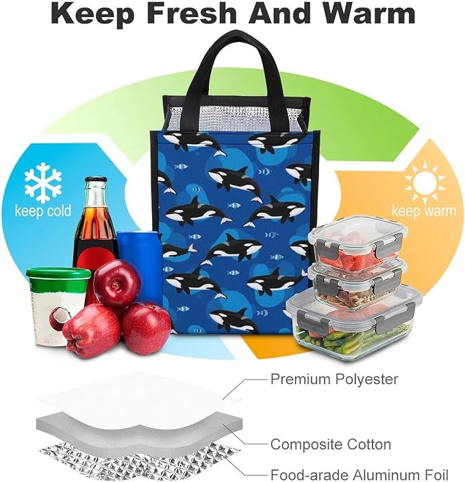Reusable Insulated Lunch Tote Bag Thermal Lunch Box Cooler Bags Compatible with Ocean Sea Orca Killer Whale Picnic Food Organizer Meal Bag
