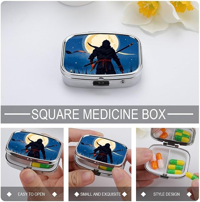 Moonlight Watercolor Style Ninja Pill Box 2 Compartment Medicine Pill Case Portable Pill Organizer for Pocket Or Purse Decorative Metal Medicine Vitamin Organizer