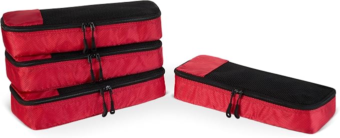 Amazon Essentials 4-Piece Space-Saving Packing Cubes Travel Accessories Set, Luggage Organizer with Double Zipper, Mesh Top, Polyester, Slim, Red (Previously Amazon Basics)
