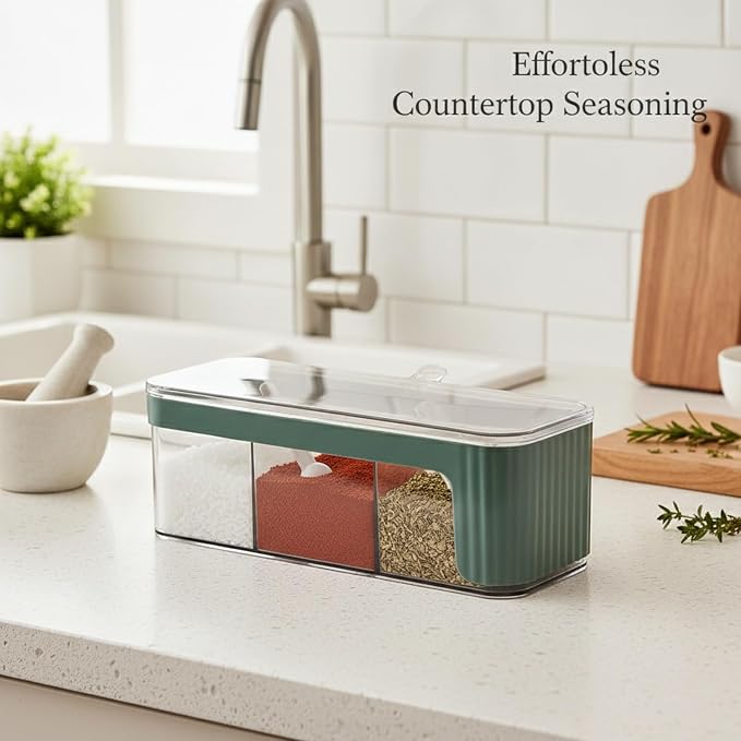 Fits Kitchen Countertops: 4-Section Spice Organizer, Durable PET Plastic Seasoning Caddy for Salt, Pepper, and Dry Herbs, Compact 13-Inch Storage Box