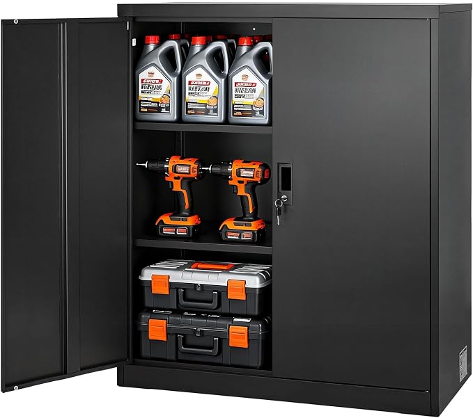 VEVOR Metal Storage Cabinet, 41.7 in Steel Garage Cabinet with 2 Adjustable Shelves, 2 Magnetic Doors & 2 Keys, 3 Tiers Lockable Tool Storage for Pantry, Warehouse, Basement, Office, Black