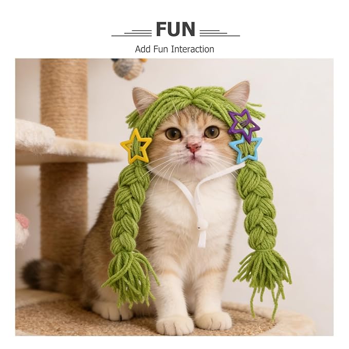 BETOOKY Reusable Green Yarn Cat Wig with Braided Pigtails, Lightweight and Nonirritating Pet Costume Wig Featuring Clip-on Fastener for Photoshoot and Holiday Celebrations