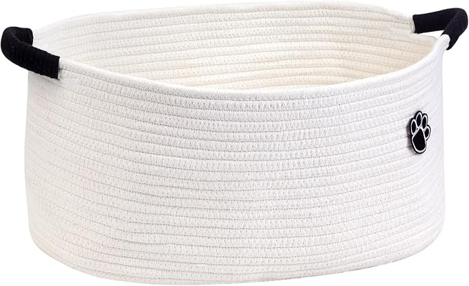 Optish 25L Dog Toy Basket,16.5" x 11" x 9" Medium Toy Storage Box and Bin with Handles, Woven Rope Foldable Basket for Blankets, Living Room, Bedroom, Home Decor, White