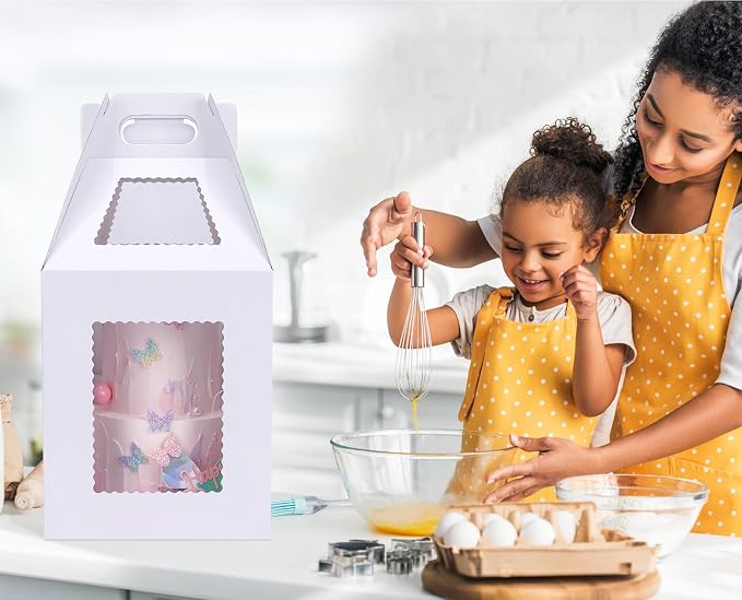Tall Cake Boxes for Tier Cakes with Cake Boards 4 Pack 10 & 12 Inch Disposable Large Tiered Cake Carrier Take Out Containers with Window for Wedding Birthday Bakery Cake Safe Transport Box