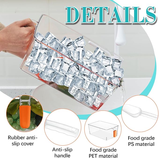 Havawish Ice Storage Bin and Flexible Scoop Set Plastic Freezer Bin | Freezer Ice Bin Scoop, Clear Bucket Container, Pull Handle, Flexible Storage, 10.83 X 7 X 4.33 In,10.83 X 4.92 X 4.33 in
