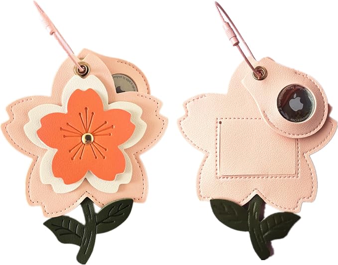 PU Leather Luggage Tag with Airtag Holder Case Set and Name ID Label | Hidden Compartment for AirTag Travel Suitcase Tracking Case with Stainless Steel Loop,Cute Fruit Plant Animals Styles,sakura