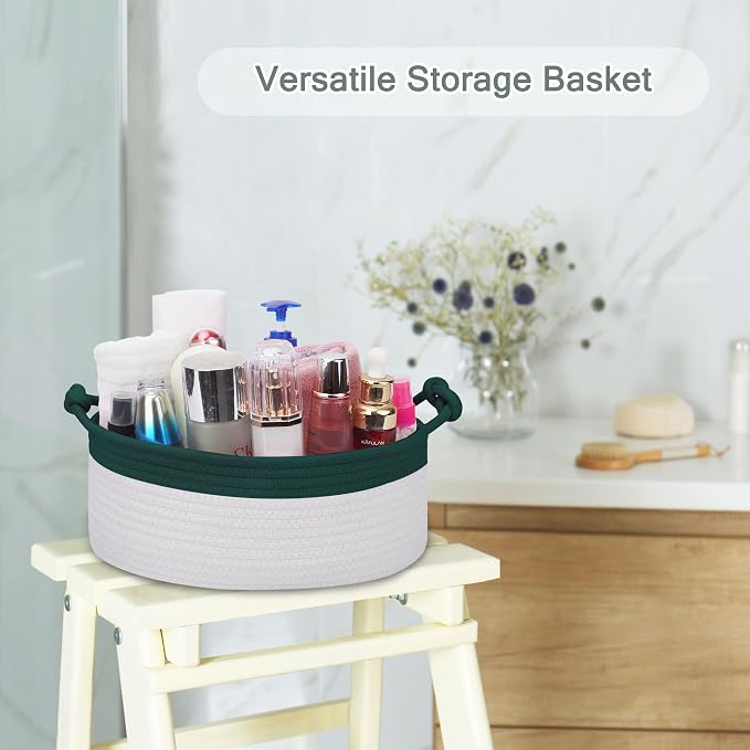 COMSE Small Gift Basket Empty with Bag & Ribbons, Dark Green & White | Cotton Rope, 12"x 8"x 5", Pet Toy Storage Organizer, Woven Basket for Birthdays, Baby Showers, Mother’s Day, Valentine’s Day