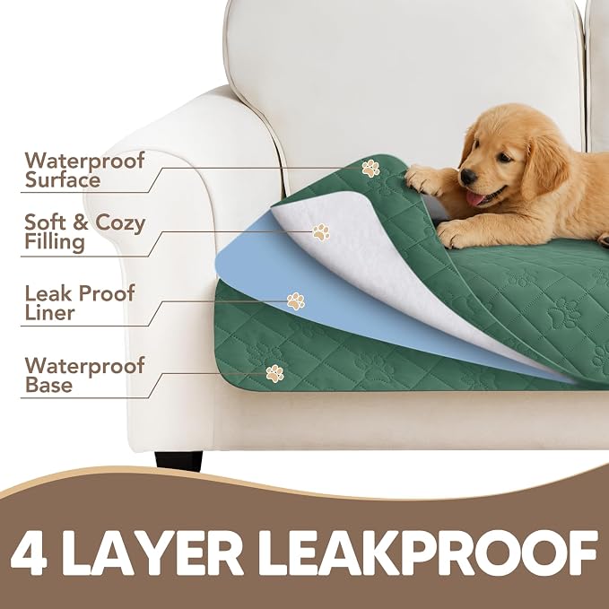 PAWFINITY Waterproof 4 Seat Couch Covers for Dogs, Pet Blanket for Sofa | Paw Print Quilted, Hair Resistant, Anti Cat Scratch, Washable Furniture Protector for 4 Seater Cushion, 35x96 Inch, Green