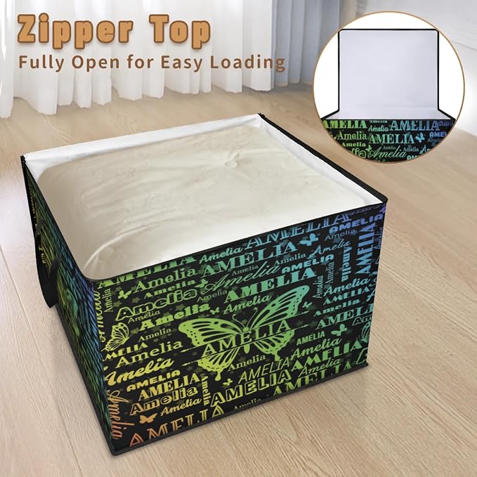 Custom Name Large Clothes Storage Organization with Lids, Bedding Clothes Towel Storage Bin Shelf Basket for Nursery, Gift Basket, Pet Basket, Gradient Yellow Blue Names with Butterflies Black