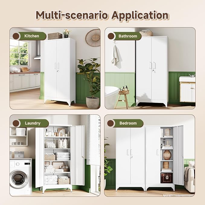 71" H Metal Storage Cabinet with 2 Doors and 4 Shelves,Tall Kitchen Pantry Cabinets,Utility Pantry Organizers for Cupboard/Dining/Bathroom/Home Office/Garage, Steel Tool Cabinets