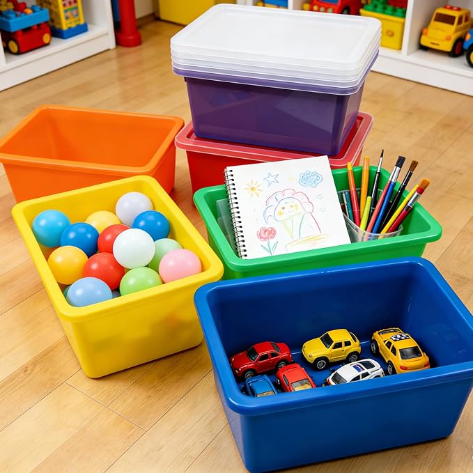 Nexboraque 6 Pack Colored Bins with Lids | 5 Qt Plastic Cubby Bins Storage Bins Stackable Toy Bins Organizer for Classroom, Home