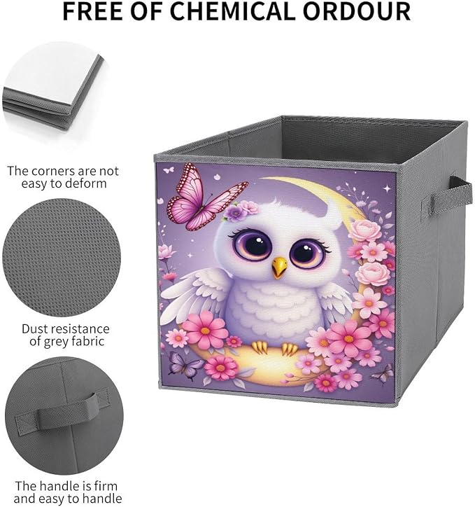 Purple Owl Flower Moon Butterfly Foldable Storage Bins, 10.6" Cube Storage Organizer, Sturdy Oxford Cloth Fabric Baskets for Closet, Shelf, Nursery, Bedroom, Decorative Printed Box for Toys & Clothes