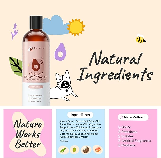 kin+kind Itchy Pet Natural Dog and Cat Shampoo - Gentle Clean for Itchy Skin - Avocado Oil - Rosemary Fragrance - 12 fl oz