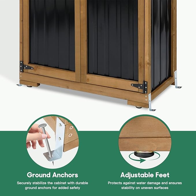 Ketive Outdoor Storage Cabinet, Wood & Metal Storage Shed with Weather-Resistant Roof, Adjustable Shelf, Lockable Doors & Adjustable Feet, for Garden, Patio, Backyard, 27.5" x 13" x 67"