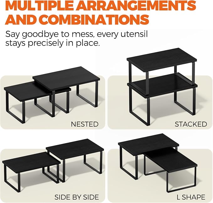 Cabinet Organizer Shelf, Kitchen Counter Shelf, Pantry Storage Riser | 4 Pack Natural Black & Black Beige Shelves with Metal Legs, Stackable Countertop Risers for Kitchen, Pantry & Cabinet Storage