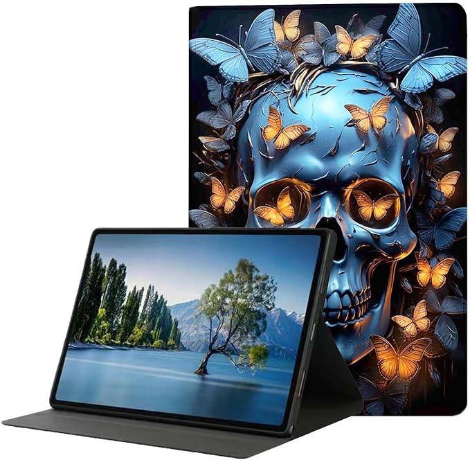for Samsung Galaxy Tab A 8.4 Tablet Case SM-T307,Premium Leather Folio Stand Auto Wake/Sleep,Multiple Viewing Stand,Skulls and Butterflies