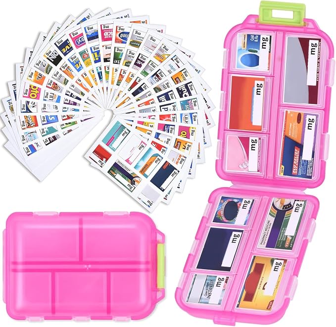 Travel Pill Box with 189 Medicine Labels, 10 Compartments Travel Medicine Organizer Medicine Pill Organizer Mini Travel Essentials Pill Organizer with Stickers (Pink, 1 Pack)