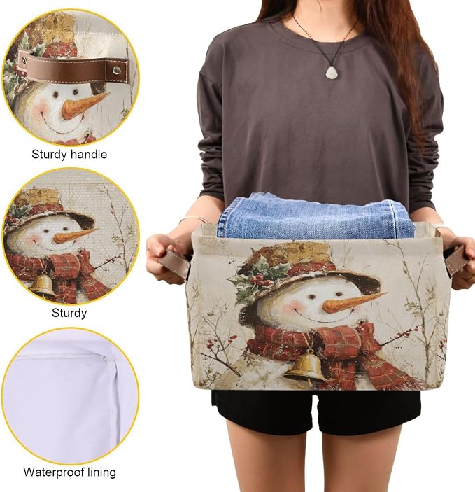 Christmas White Snowman Print Rectangular Storage Bin Basket with Handles - Nursery Storage Laundry Hamper Storage Baskets