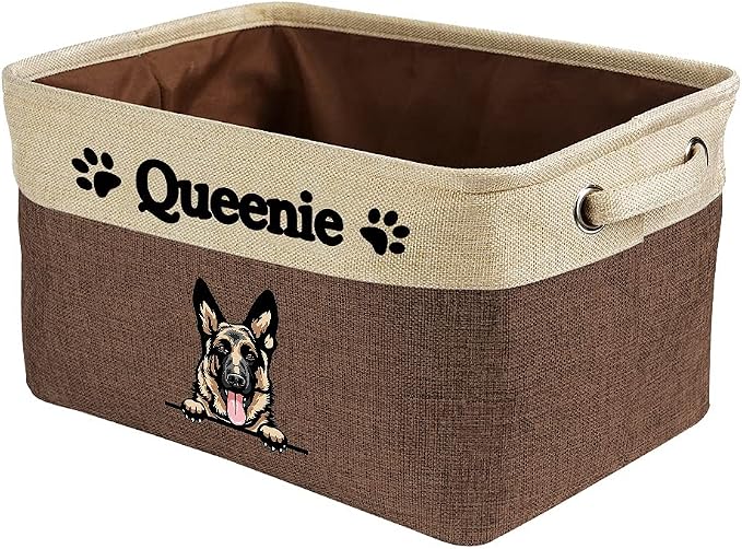 Custom Fabric Dog Toy Storage Basket with Cute Dog German Shepherd Collapsible Sturdy Fabric Pet Toys Storage Bin Cube with Handles for Organizing, Brown and White
