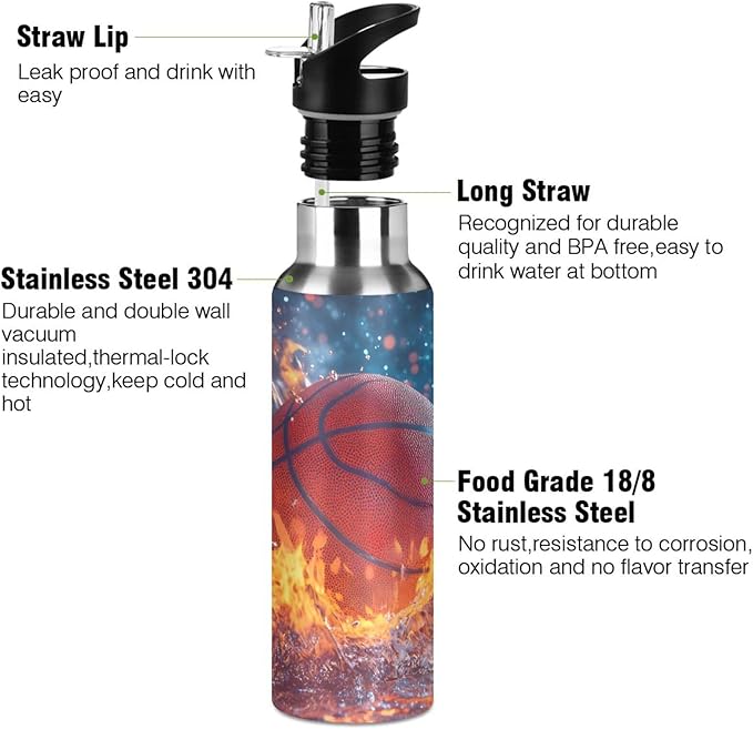 Basketball Ball Fire Water Bottle with Straw Lid Kids Insulated Stainless Steel Water Flask Sports, 20 Oz Hot Cold