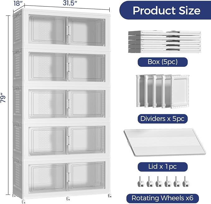 250Gal Stackable Storage Bins with Lid 5-Tier Collapsible Cabinet Closet Organizer Box with Wheels, 1000QT Large Plastic Drawer Container with Doors for Clothes Kitchen Organizing, White