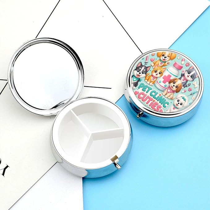 Cute Pet Clinic Playtime Party Round Pill Box with 3 Compartments, Portable Travel Pill Organizer with Spring Snap Closure for Vitamins Supplements Fish Oil