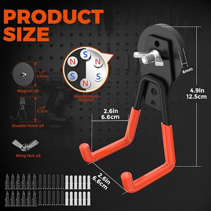 6 Pack Large Magnetic Hooks Heavy Duty, Strong Magnet Storage Hooks | Industrial Neodymium Magnet, Big Magnetic Utility Holder for Hanging Power Drill Garden Tools Garage Pegboard Workshop Broom
