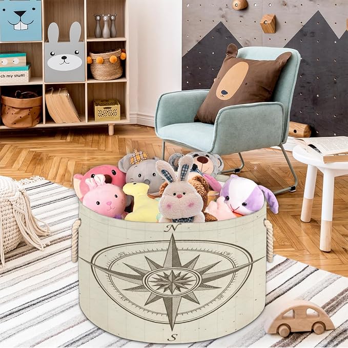 Large Storage Baskets - Vintage Nautical Compass Nursery Organizer Bin Box with Handles Collapsible Round Laundry Hamper for Kids Toys Pet Blanket, Bedroom Living Room Home Decor Gift Basket