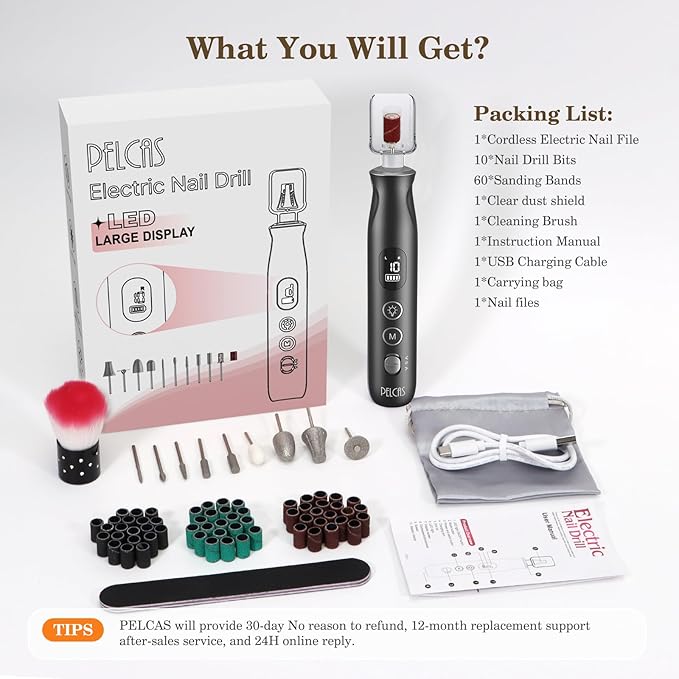 PELCAS Electric Nail Grinder, 10 Speeds Cordless Nail Drill with LED Light, Portable Manicure and Pedicure Kit, Nail File with LCD Screen for Human, Pet, Thick Toenails, Natural & Acrylic Nails Grey