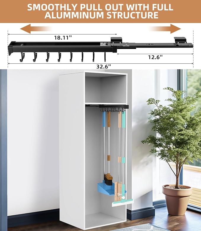 Pull Out Broom Holder With Adjustable Double Row Sliding Hook-Black 18.11in | High Load Capacity, Multifunctional Slide Broom And Mop Storage/Garage Organization Hooks, for Closet Laundry, kitchens