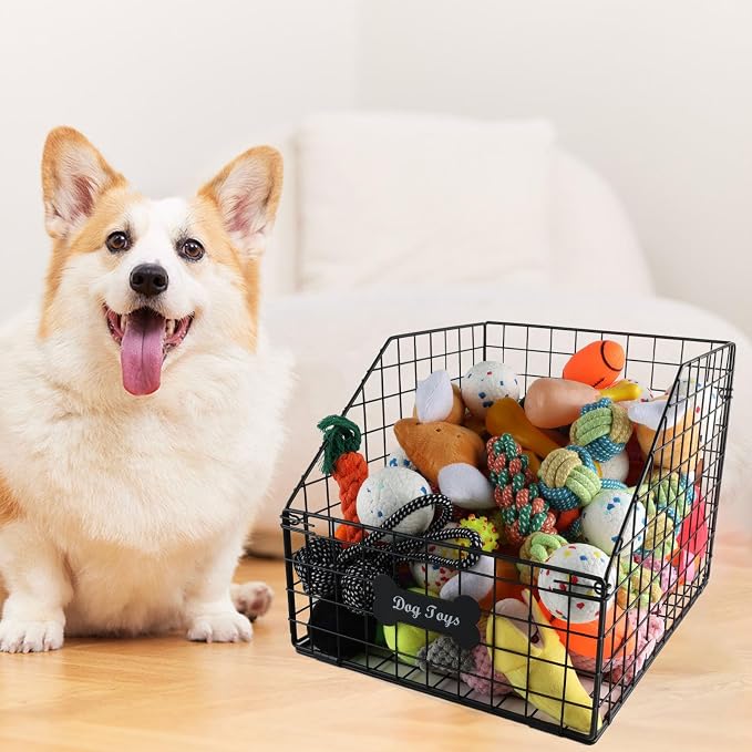 Geyecete dog toy basket Pet wire folding dog toy bin Trapezoid dog toy box Dog Toys Storage Toy box for dogs Chew-Proof Dog Food Toy Storage Container