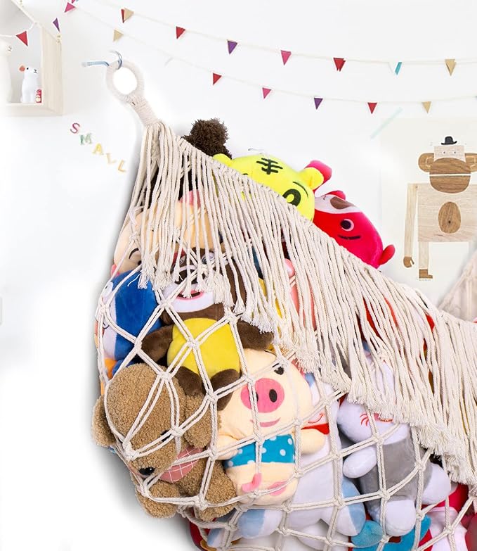 Stuffed Animal Hammock - Extra Large 56'' Long (Cream White) | Premium Cotton Hand-knitted, Beautiful Long Tassel, Storage Hanging Organizer, Can Fit Stuffed Animals 30 Piece or More